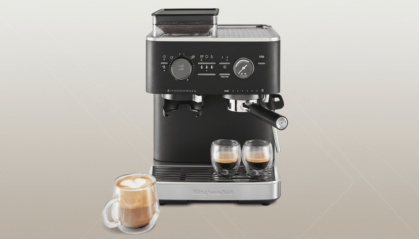 A black and silver KitchenAid espresso machine with two small glasses of espresso and one larger glass of latte on a professional flat design background with soft patterns and gradients.