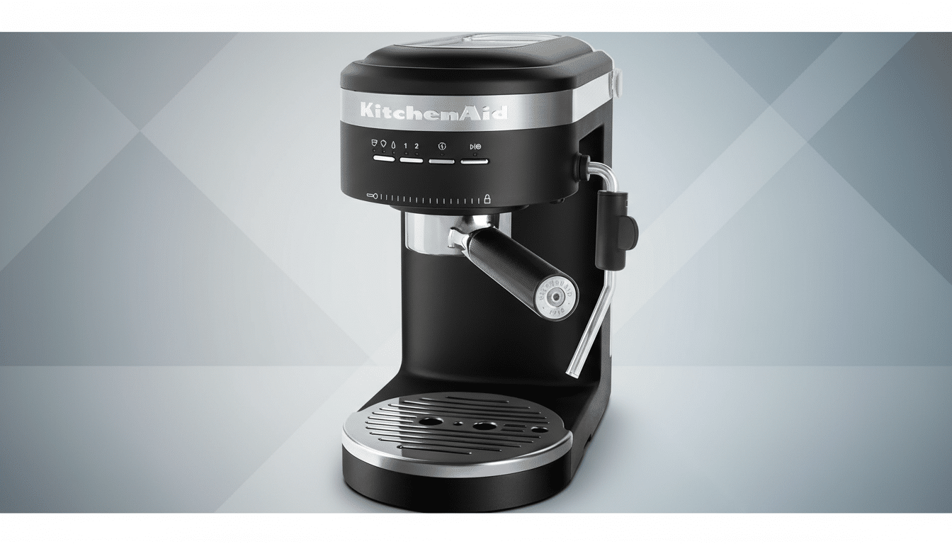 A black KitchenAid espresso machine with silver accents, presented on a professional flat design background with soft patterns and gradients.