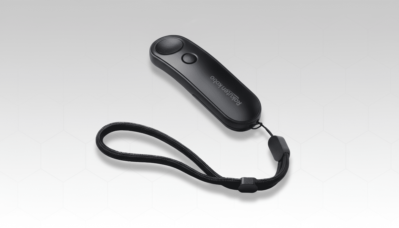 A black Rakuten Kobo remote control with a wrist strap, presented on a professional flat design background with soft patterns.