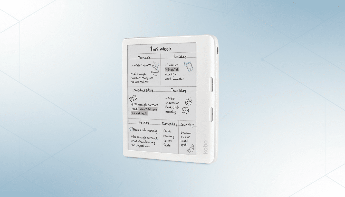 A white Kobo e-reader displaying a weekly planner with various tasks and reading progress, set against a professional flat design background with soft patterns.
