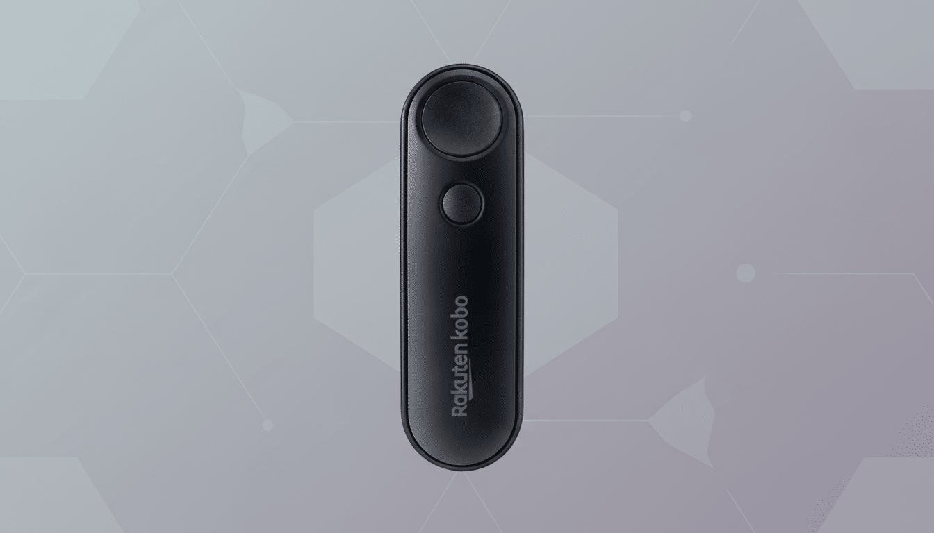 A black Rakuten Kobo remote control with two buttons, presented on a professional flat design background with soft patterns and gradients.