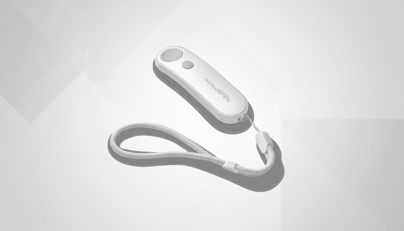 A white Rakuten Kobo page turner with a wrist strap, presented on a professional flat gray background with subtle geometric patterns.