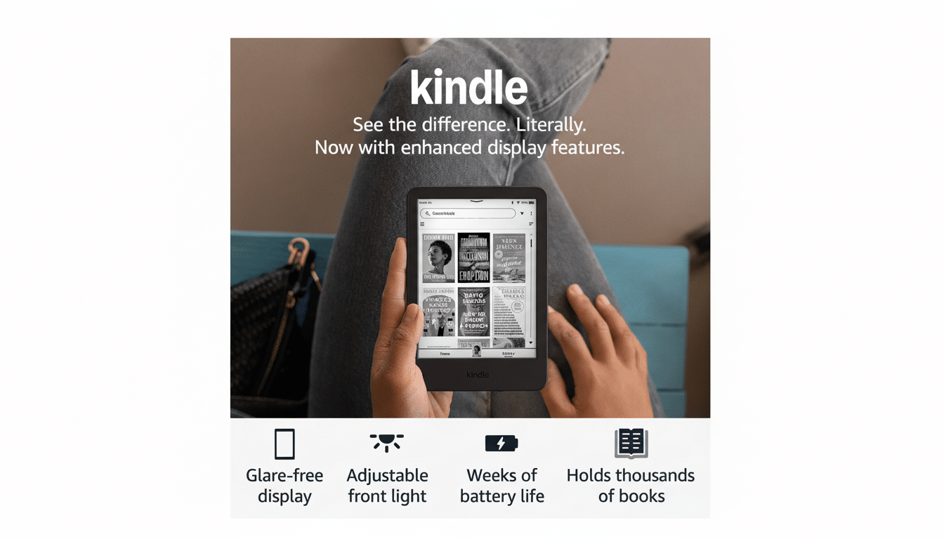 A Kindle e-reader held by a person, with text overlay kindle See the difference. Literally. Now with enhanced display features. and icons below for Glare-free display, Adjustable front light, Weeks of battery life, and Holds thousands of books.