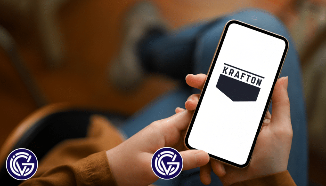 A person holding a smartphone displaying the Krafton logo, resized to a 16:9 aspect ratio with enhanced professional quality.