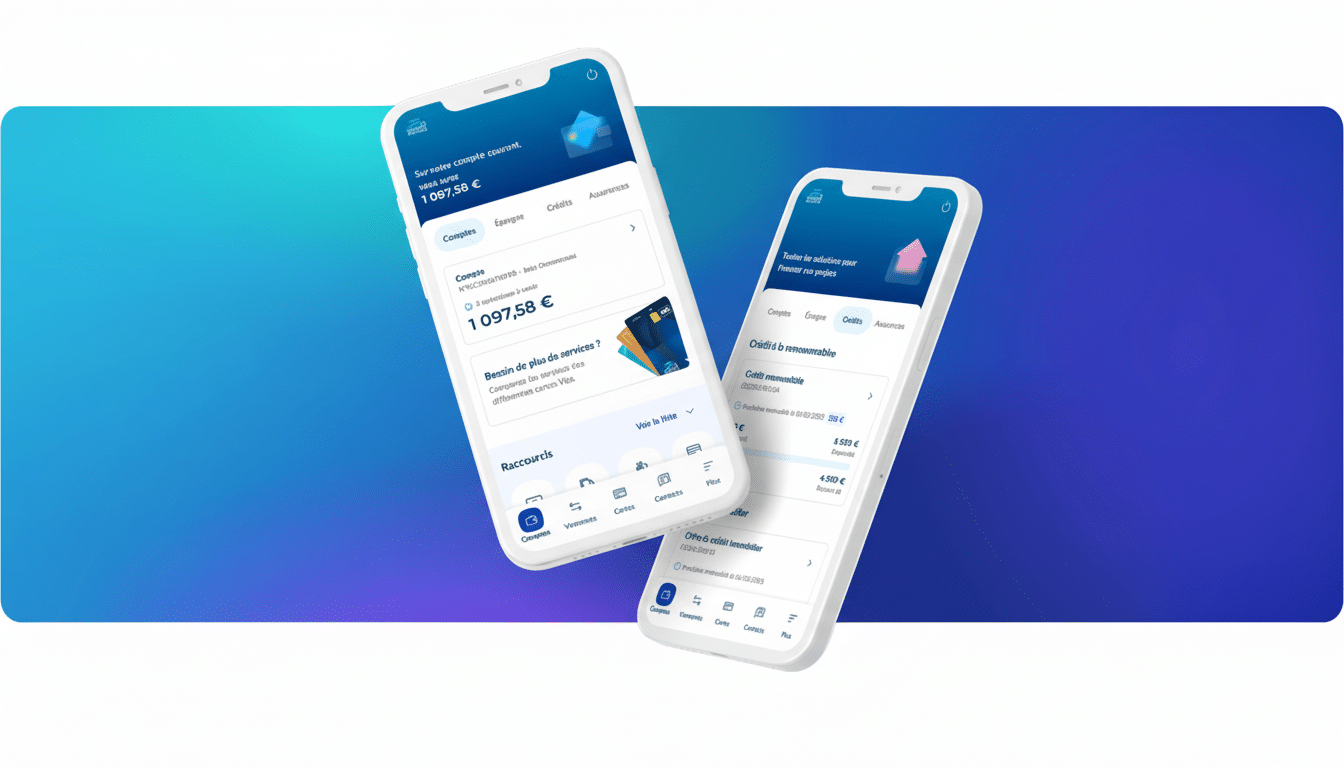 Two white smartphones displaying a banking app interface, set against a professional blue and purple gradient background.