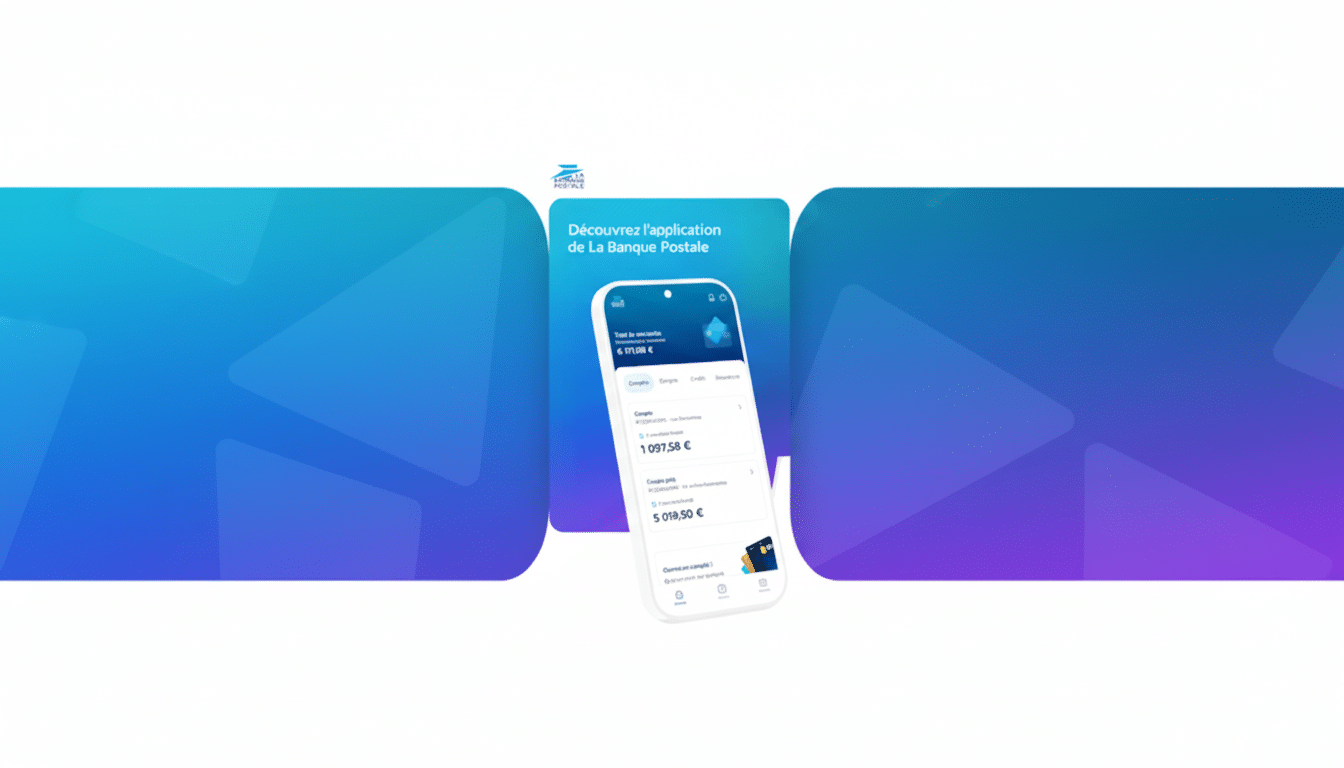 A mobile phone displaying the La Banque Postale app, set against a professional flat design background with soft blue and purple gradients, resized to a 16:9 aspect ratio.