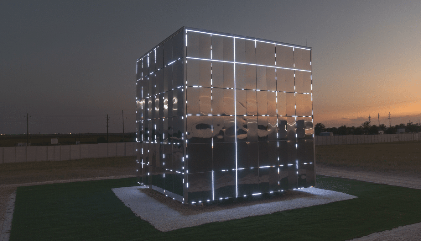 A large, mirrored cube structure with glowing white lines on its surface, set against a twilight sky with a hint of sunset colors on the horizon. The cube sits on a patch of green grass surrounded by light-colored gravel.