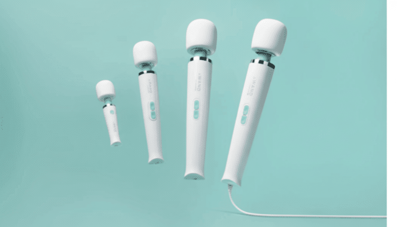 Four white and teal wand massagers of varying sizes, floating against a solid teal background.