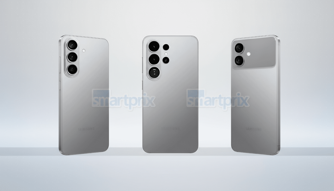 Three silver smartphones are displayed against a clean, professional background with a subtle gradient. The phones are shown from different angles, highlighting their camera arrays and sleek design.