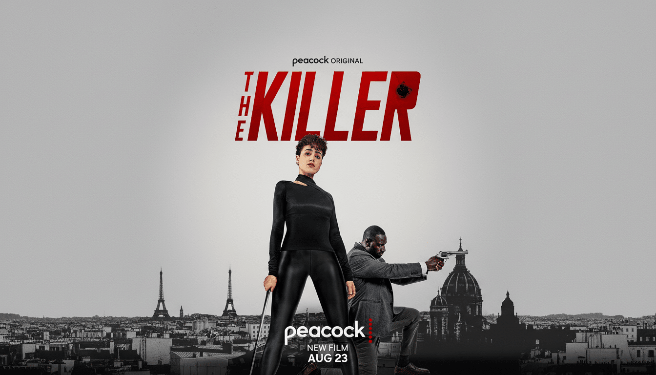 The movie poster for The Killer featuring a woman in black and a man with a gun, set against a cityscape with the Eiffel Tower, resized to a 16:9 aspect ratio.