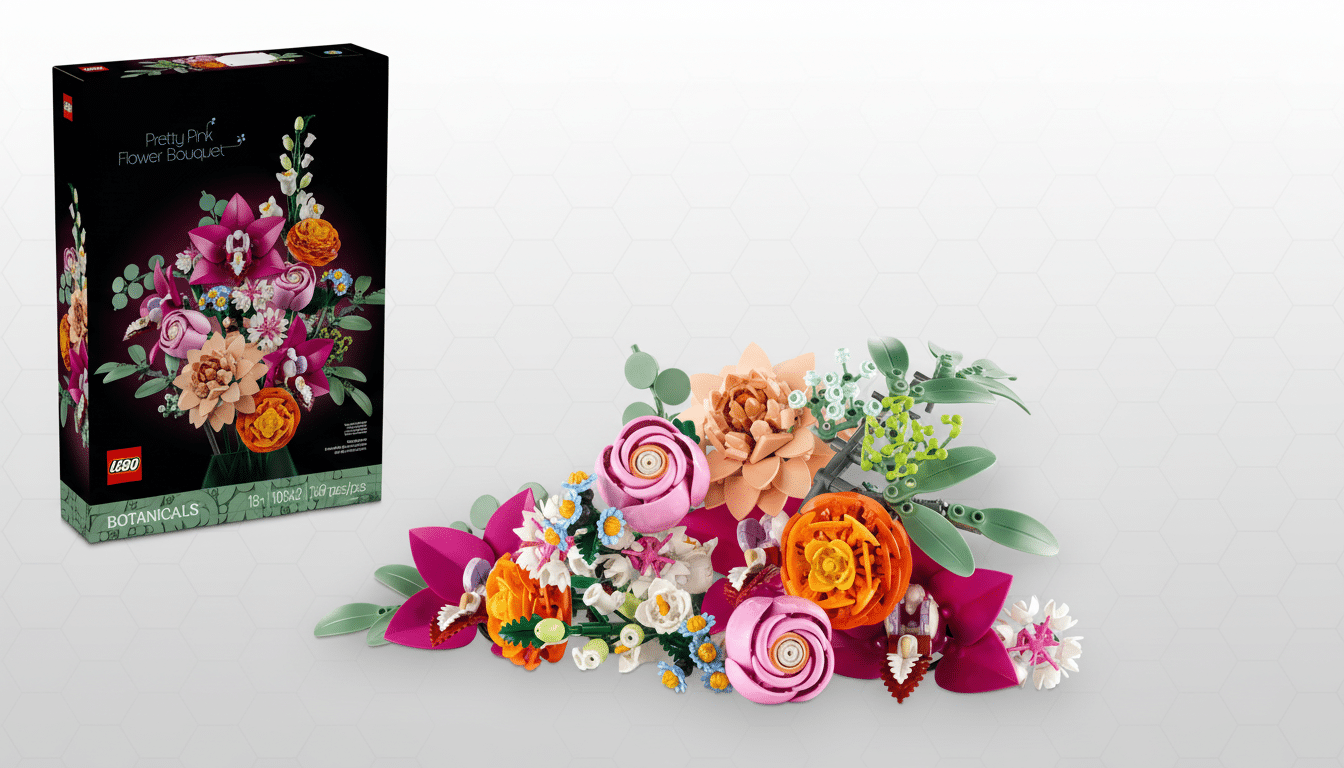 A Lego Pretty Pink Flower Bouquet box and the assembled Lego flower bouquet are displayed on a professional flat design background with soft patterns.