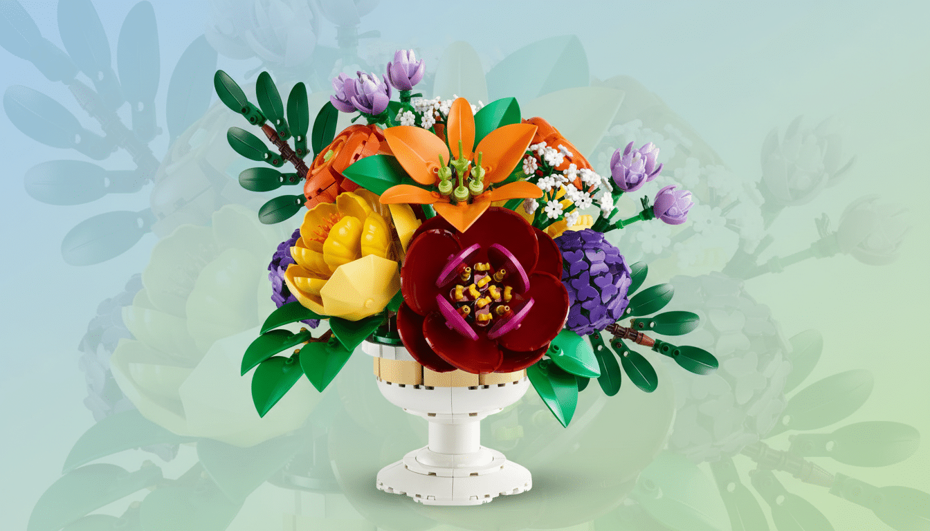 A vibrant bouquet of LEGO flowers in a white vase, set against a soft gradient background with subtle floral patterns.
