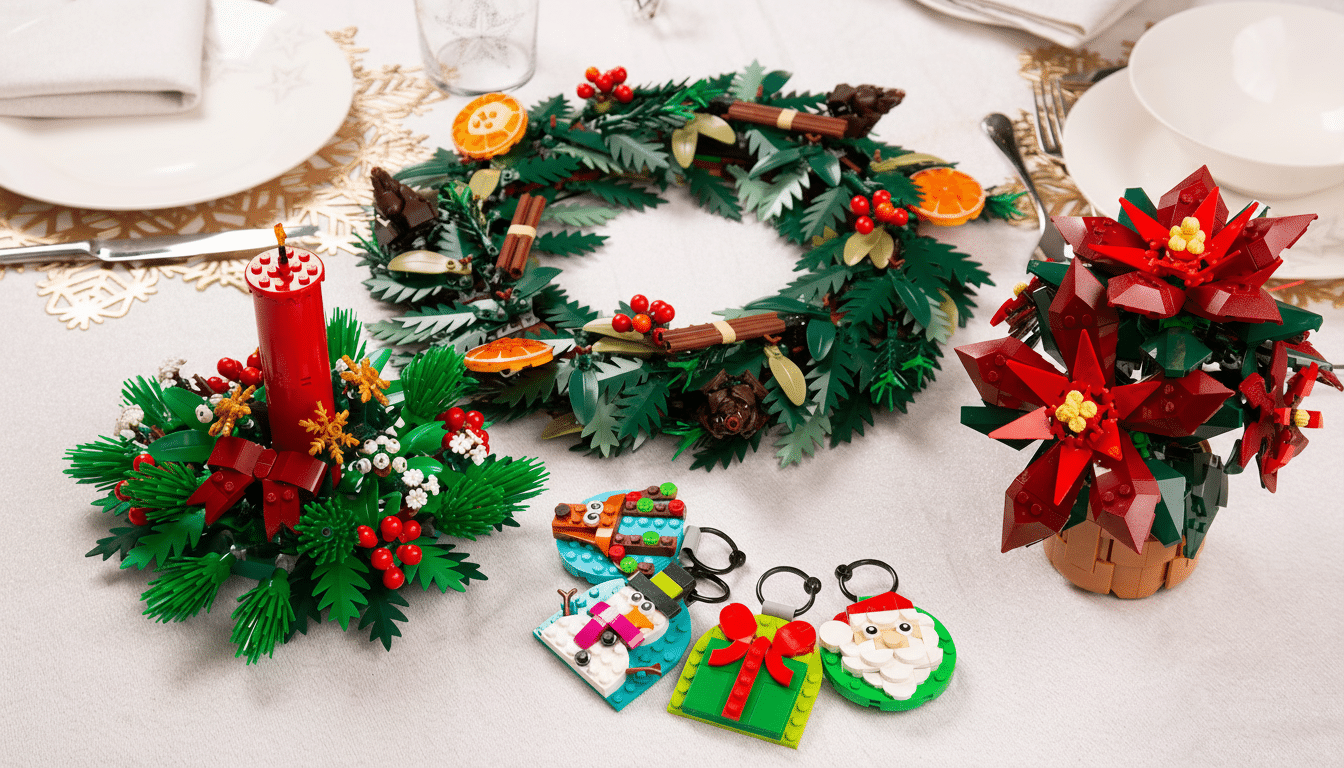 A festive table setting featuring a LEGO Christmas wreath, a LEGO poinsettia arrangement, a LEGO candle holder, and several LEGO holiday-themed keychains.