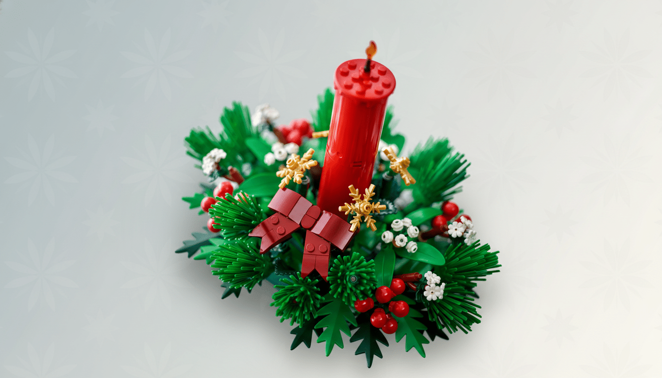 A LEGO Christmas wreath with a red candle, green foliage, red berries, white flowers, and gold snowflakes, set against a professional flat design background with soft snowflake patterns.