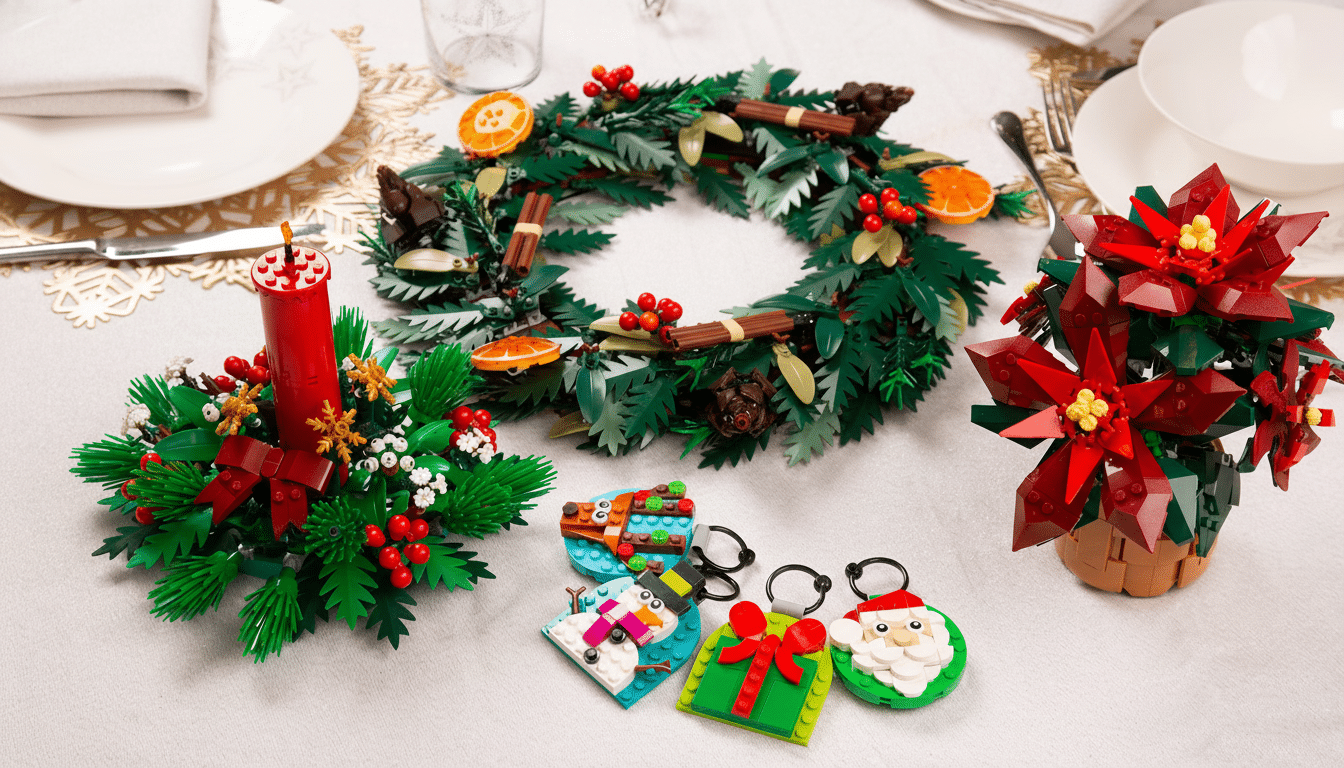A festive table setting featuring a LEGO Christmas wreath, a LEGO poinsettia, a LEGO candle holder, and several LEGO keychains, all arranged on a white tablecloth with plates and cutlery.