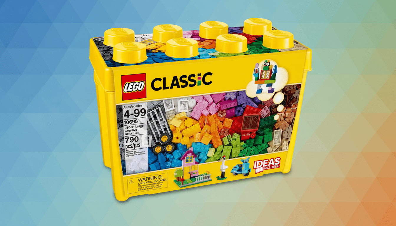 A yellow LEGO Classic Large Creative Brick Box (model 10698) with 790 pieces, set against a professional flat design background with soft blue and orange gradients.