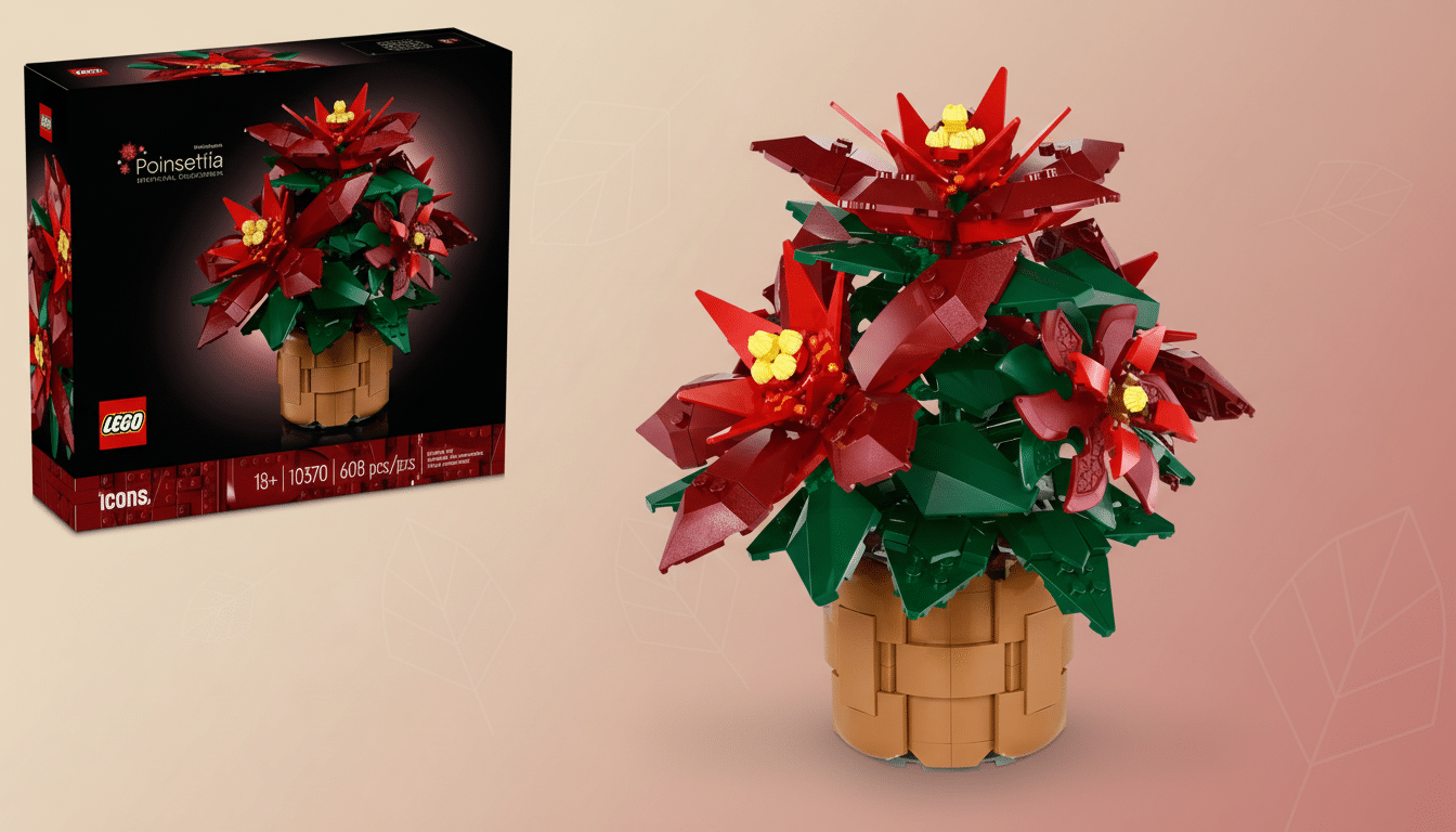 A LEGO Poinsettia set, featuring a brick-built poinsettia plant in a pot and its product box, presented on a professional flat design background with soft patterns and gradients.