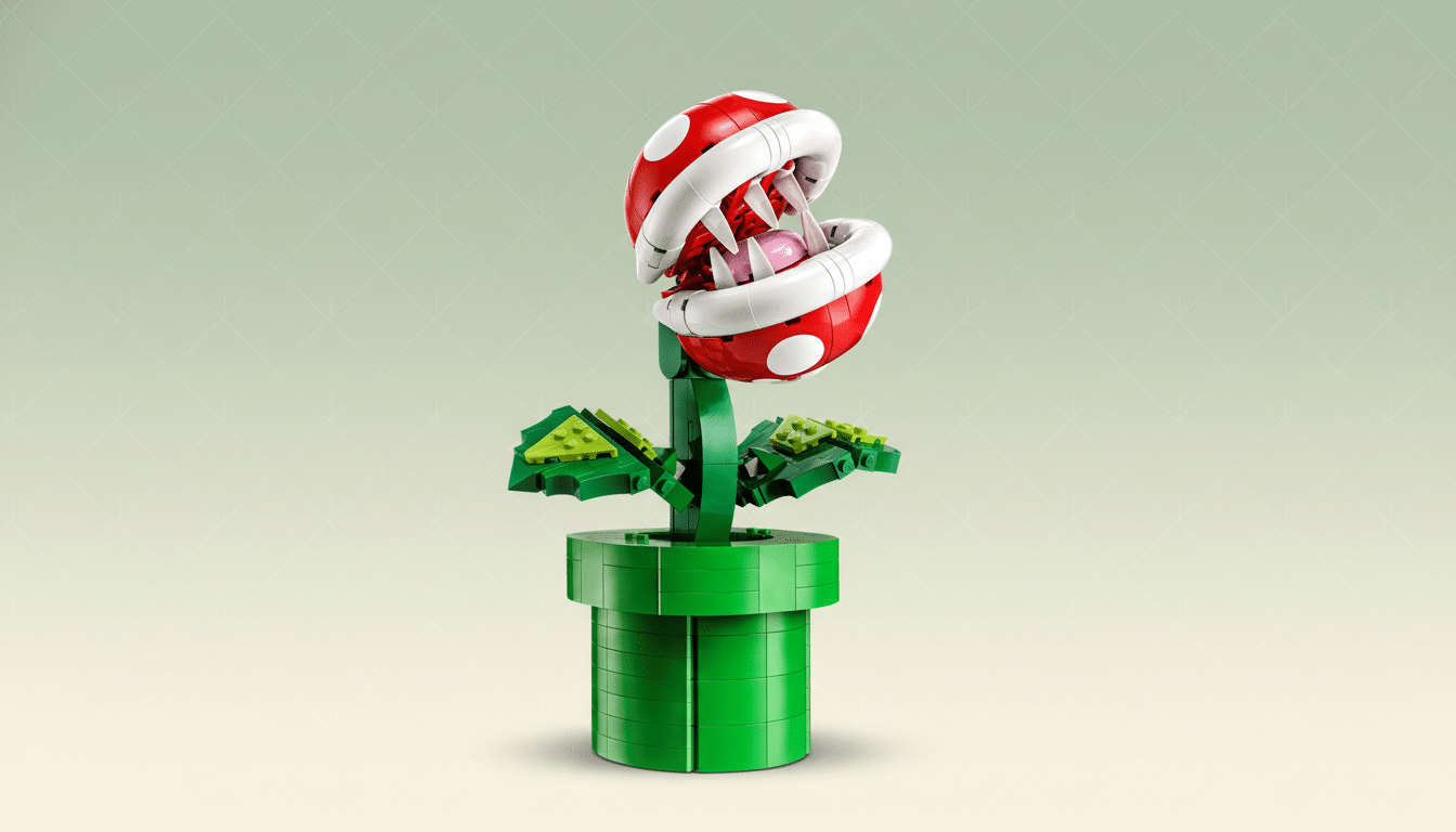 A Lego Piranha Plant from Super Mario, with a red and white head, green stem, and green base, set against a professional flat design background with soft patterns.