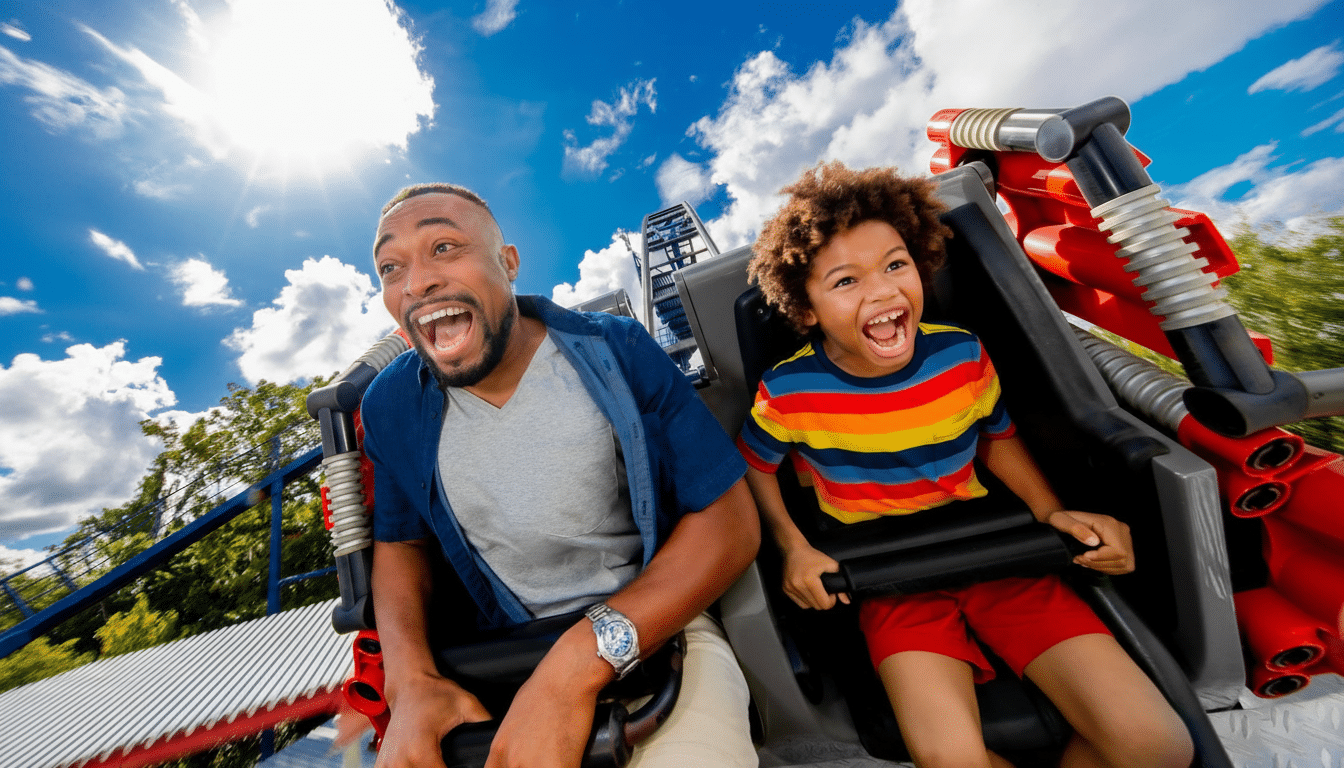 A man and a young boy with wide-open mouths, screaming with excitement as they ride a roller coaster under a bright blue sky with scattered clouds.