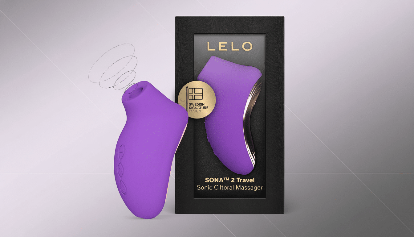 A purple LELO SONA™ 2 Travel Sonic Clitoral Massager next to its black and gold packaging, set against a professional flat design background with soft gradients.