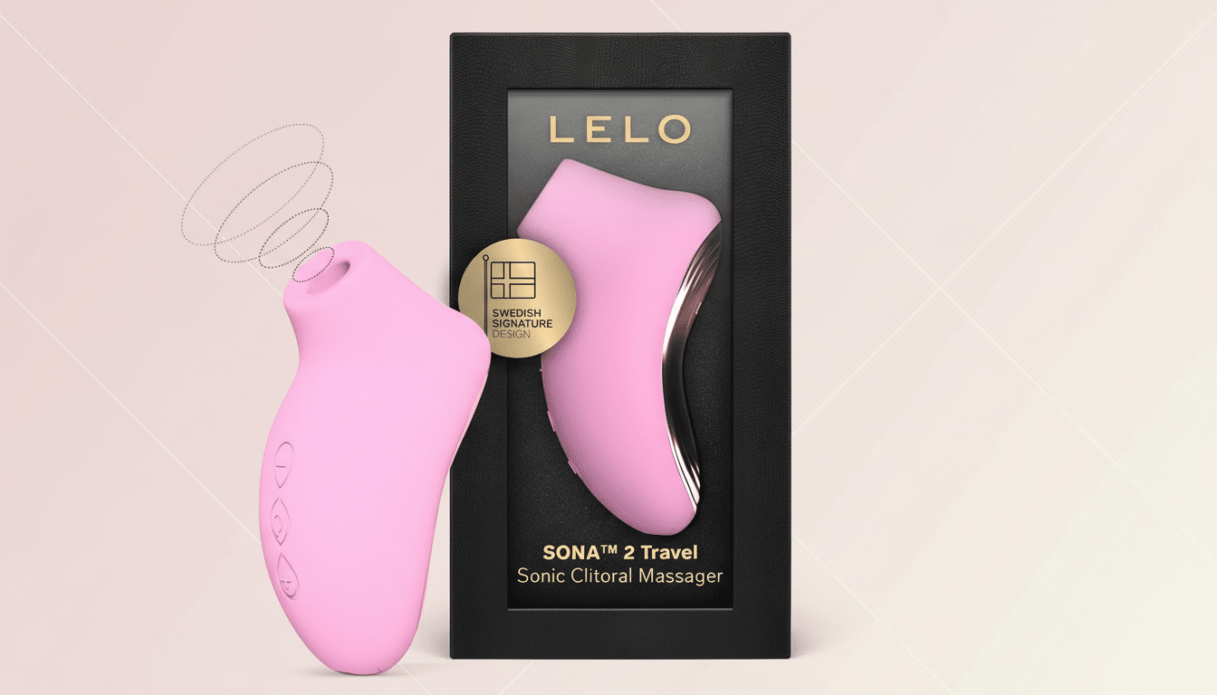 A pink LELO SONA™ 2 Travel Sonic Clitoral Massager next to its black and gold packaging, set against a professional flat design background with soft patterns.