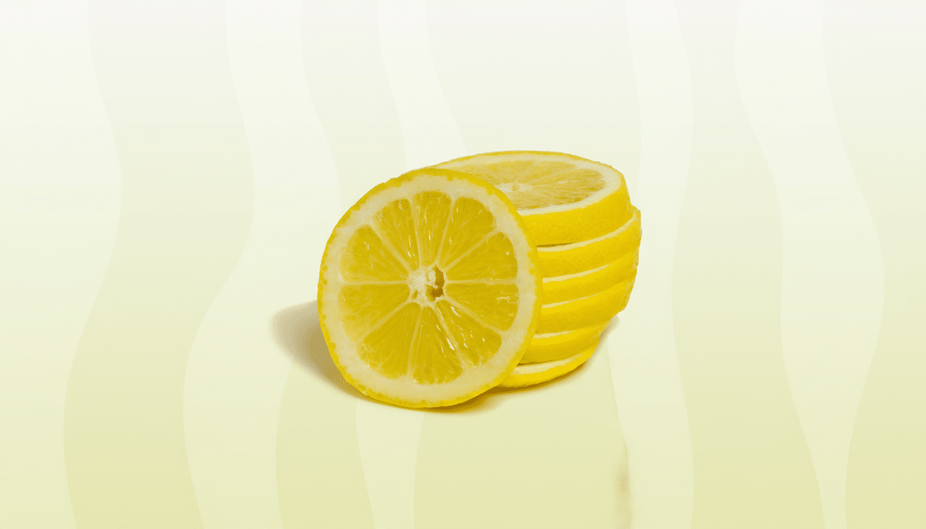 A stack of lemon slices on a professional flat design background with soft patterns.
