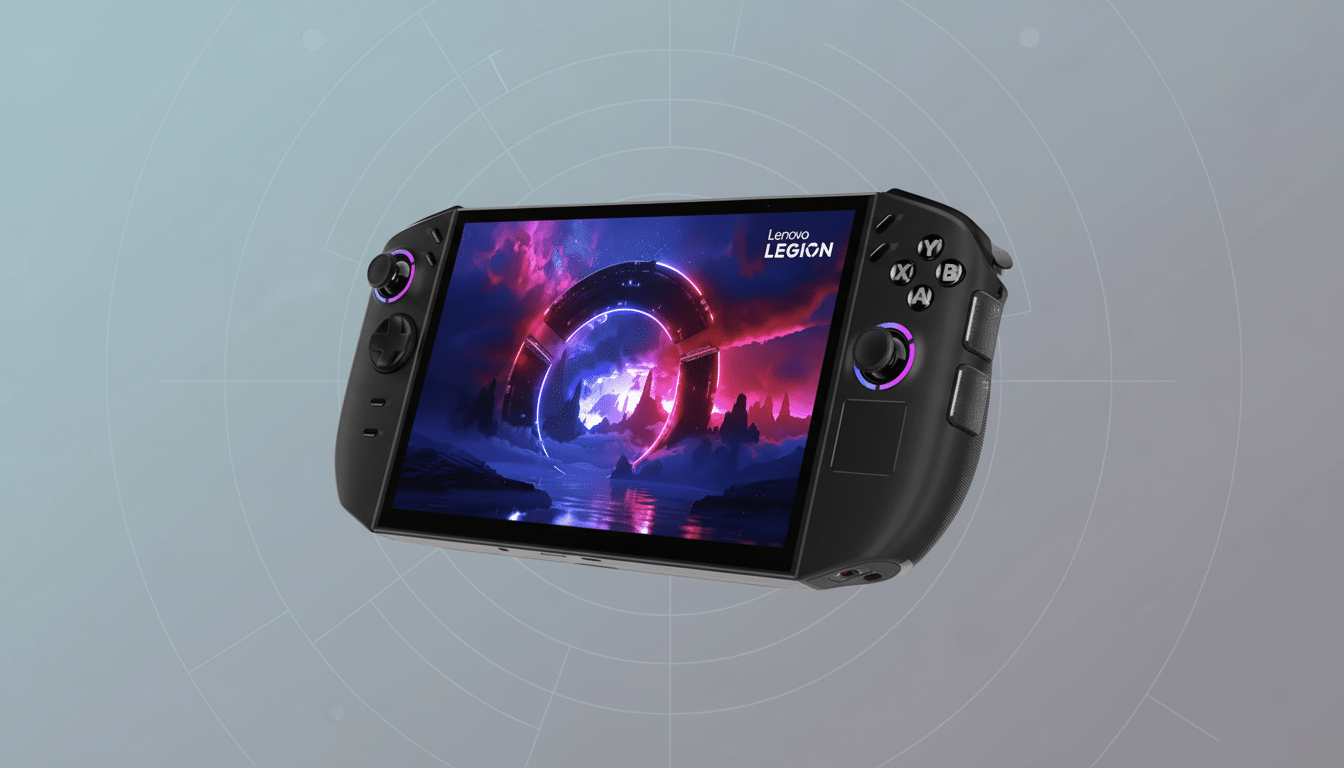 A black Lenovo Legion Go handheld gaming PC is angled on a professional flat gray background with subtle geometric patterns.