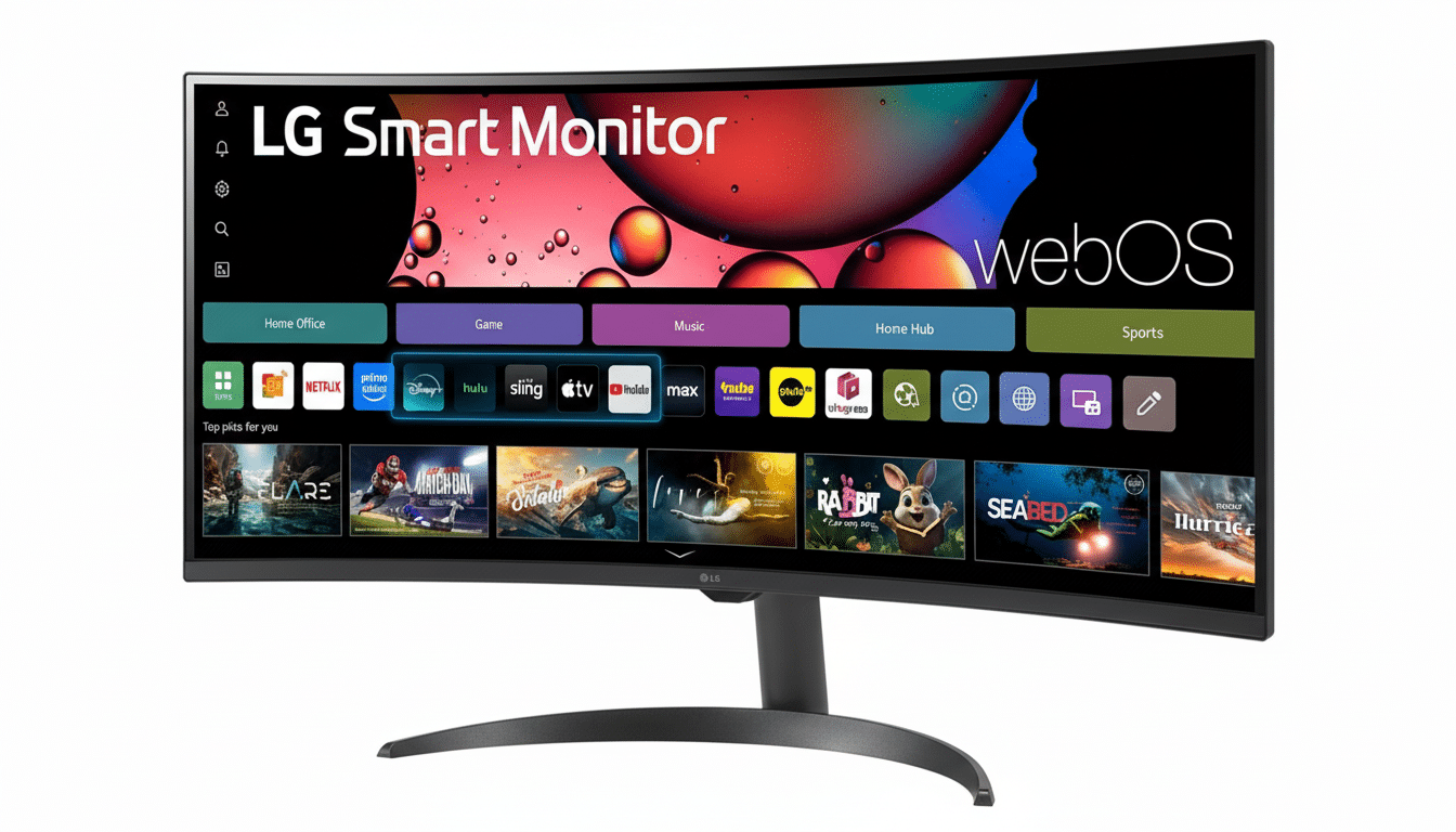 A professional, enhanced image of an LG Smart Monitor with a curved screen, displaying the webOS interface with various app icons and content thumbnails. The monitor is set against a clean, white background.