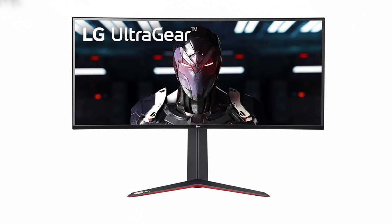 A professional, enhanced image of an LG UltraGear curved gaming monitor, resized to a 16:9 aspect ratio, with its original white background preserved.