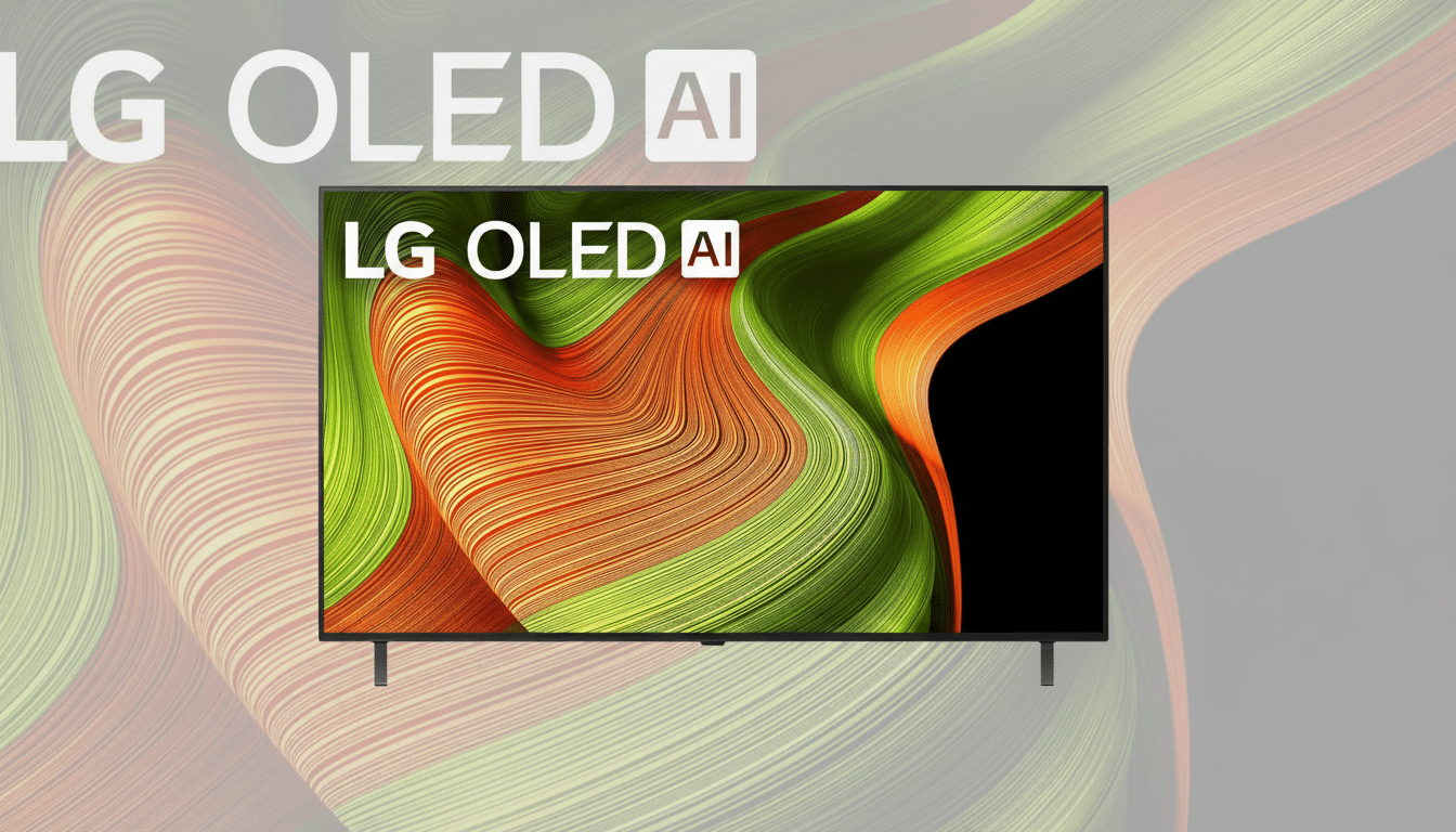 A professional image of an LG OLED AI television, resized to a 16:9 aspect ratio. The TV is centered on a background with a subtle, soft pattern that complements the screens display, maintaining a clean and professional presentation.