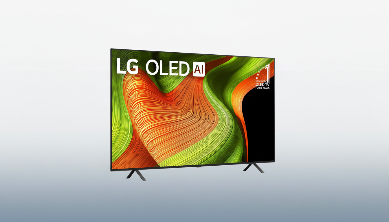 A professional image of an LG OLED AI TV, resized to a 16:9 aspect ratio, presented on a clean, professional flat design background with a soft gradient.