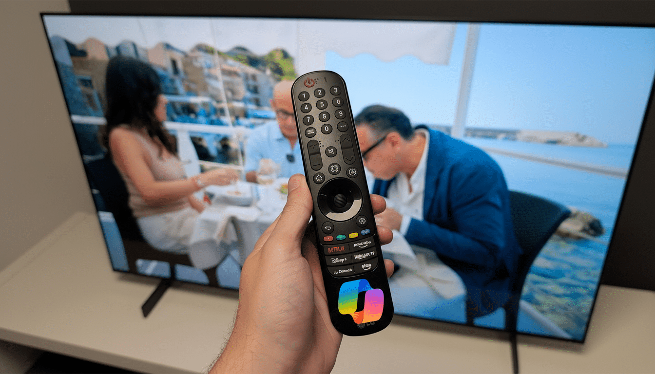 A hand holding an LG TV remote control in front of a television screen displaying a scene with people dining outdoors.
