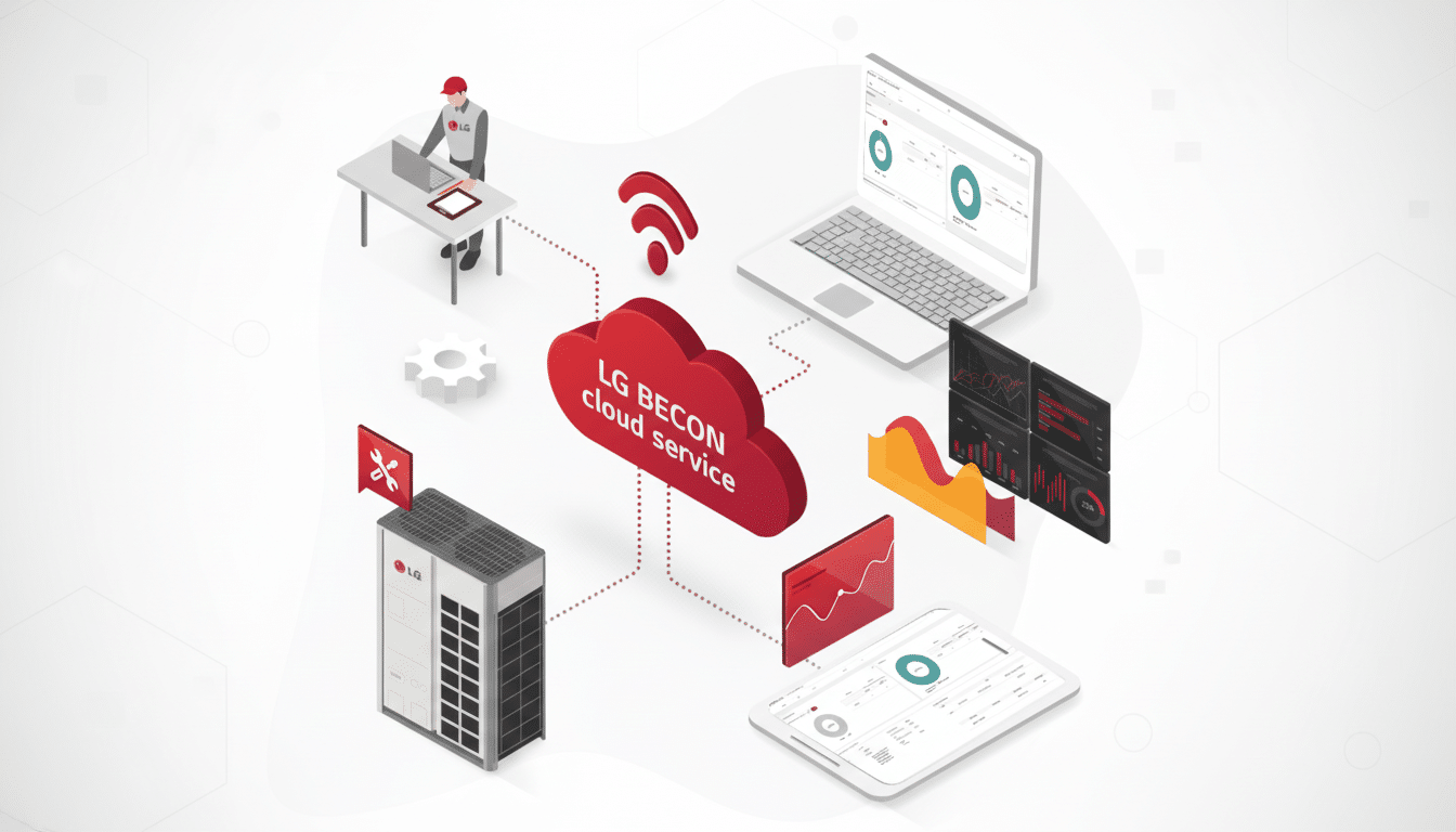 An isometric illustration depicting the LG BEACON cloud service connecting various devices and data visualizations. A technician works at a desk, a laptop displays analytics, a tablet shows a dashboard, and an LG air conditioning unit is connected to the cloud, all against a professional, subtly patterned background.