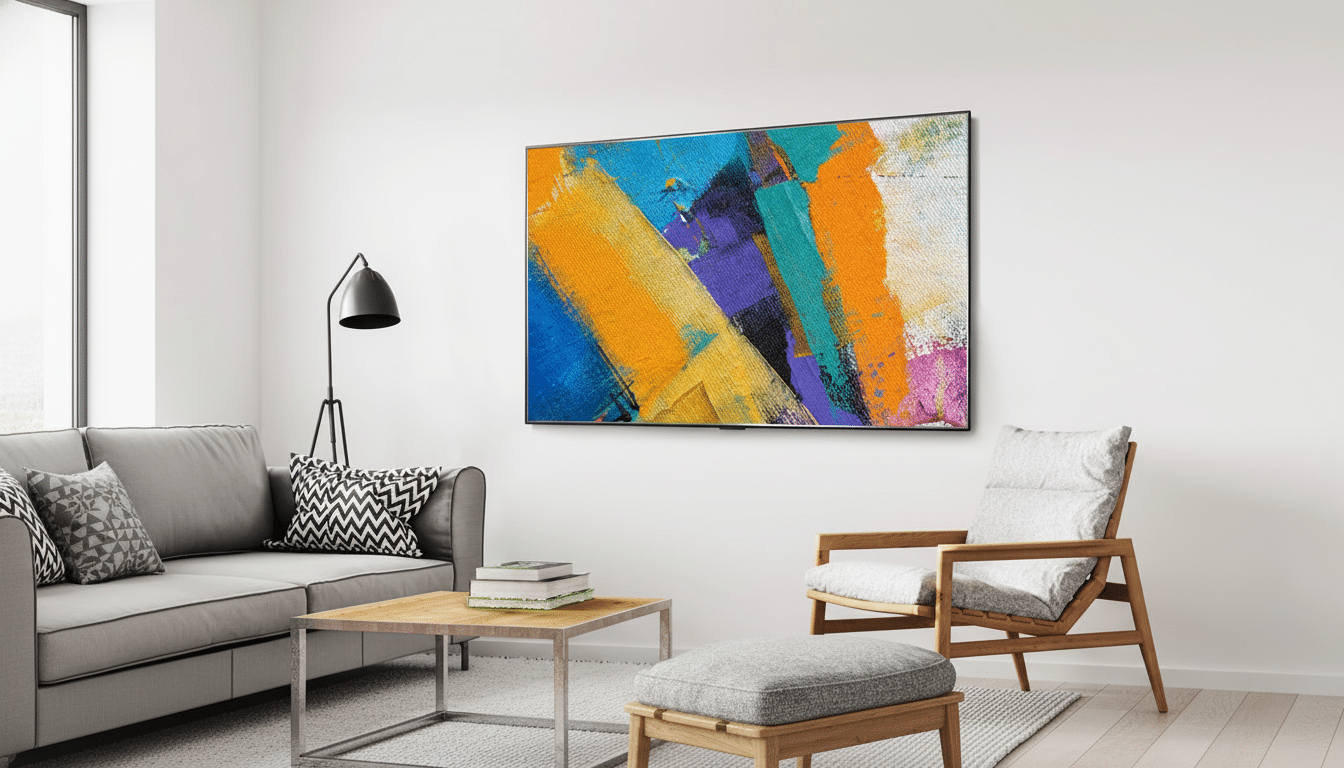 A modern living room with a large TV displaying abstract art, a grey sofa, a wooden coffee table, a floor lamp, and a wooden armchair.