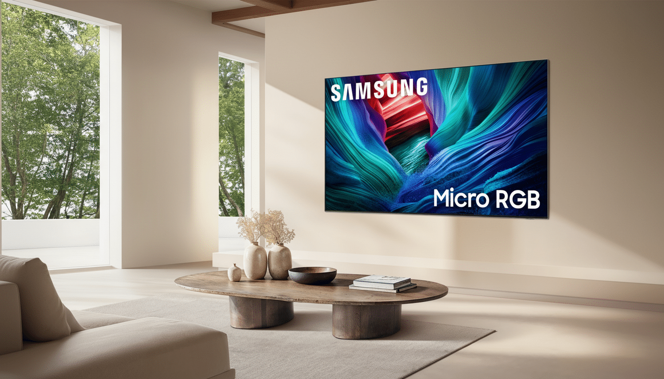 A Samsung Micro RGB TV mounted on a light beige wall in a modern living room with a large window overlooking trees.