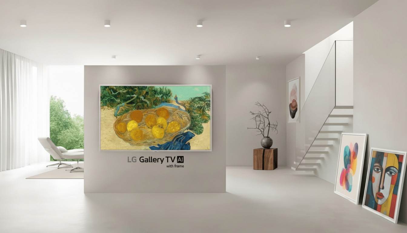 A modern, minimalist living space featuring an LG Gallery TV displaying a painting of lemons in a basket, with other abstract art pieces and a staircase in the background.