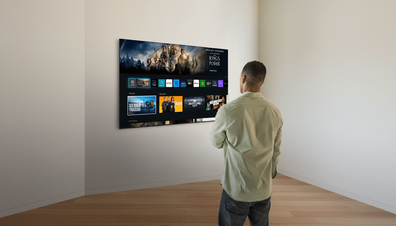 A man stands in a room, looking at a large television screen mounted on the wall. The TV displays various streaming service interfaces and content.
