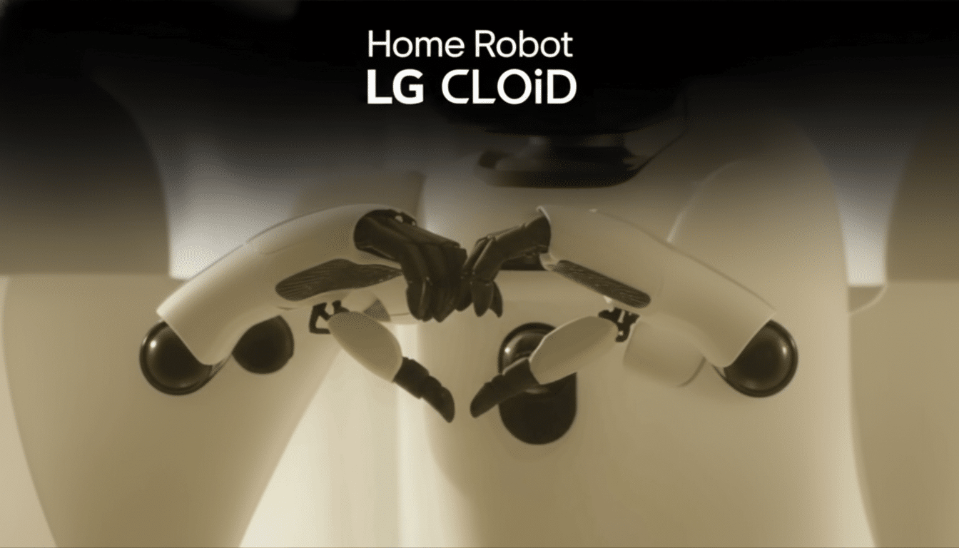 A close-up of the LG CLOiD Home Robot, showing its two robotic arms forming a heart shape, with the text Home Robot LG CLOiD at the top.