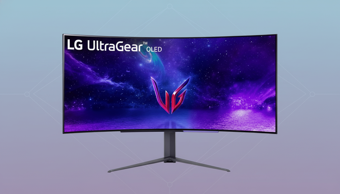 A professional image of an LG UltraGear OLED curved gaming monitor with a vibrant purple and blue space-themed display, set against a soft blue and grey gradient background with subtle geometric patterns.