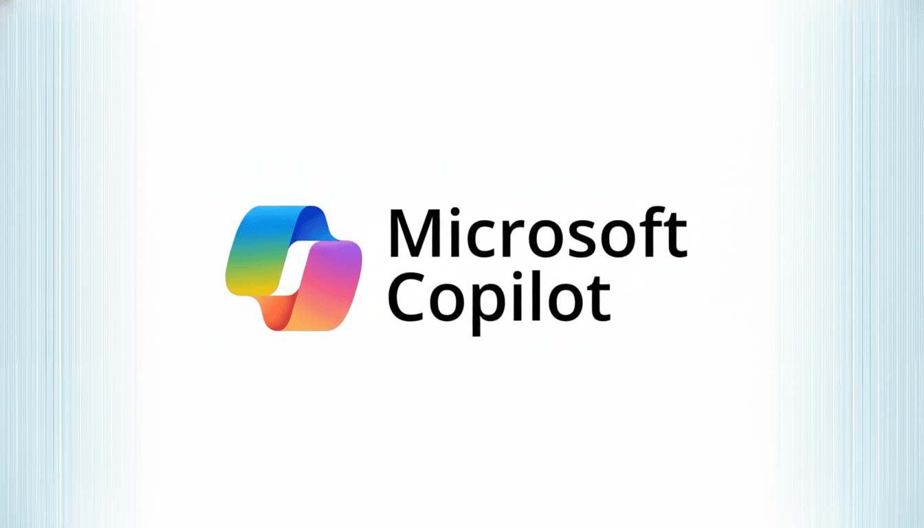 The Microsoft Copilot logo and text on a white background with subtle blue vertical lines on the sides, resized to a 16:9 aspect ratio.