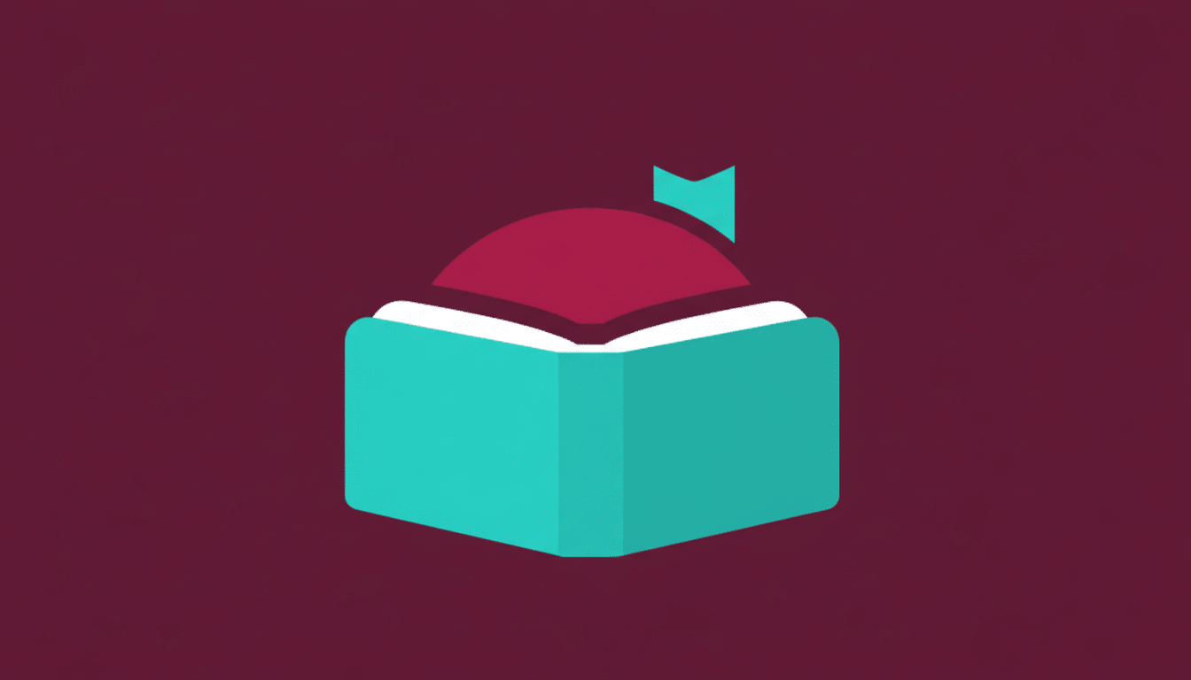 A minimalist icon of an open book with a bookmark, set against a solid maroon background.