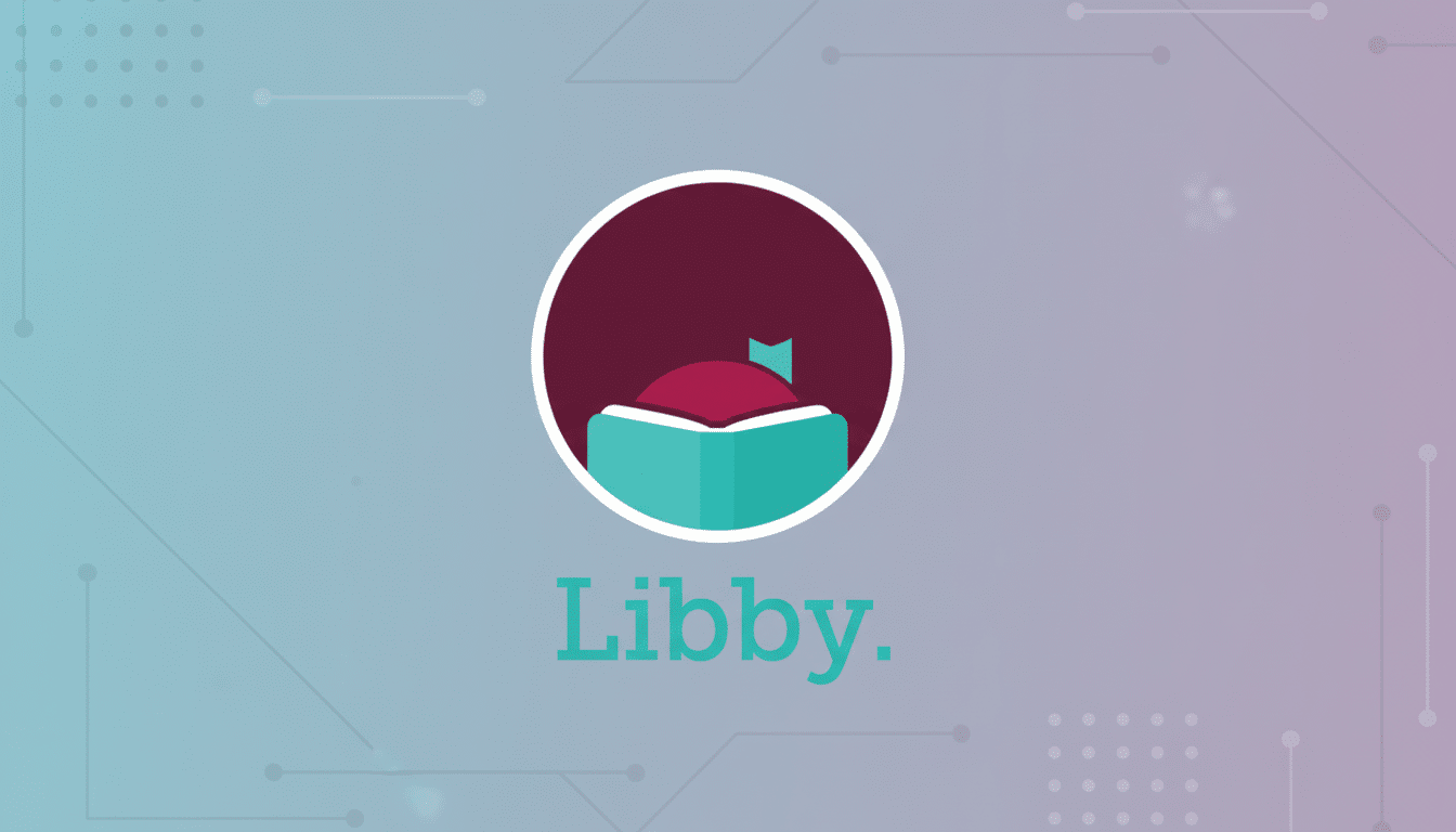 The Libby app logo, featuring an open book with a bookmark, centered on a professional flat design background with soft patterns and gradients, resized to a 16:9 aspect ratio.