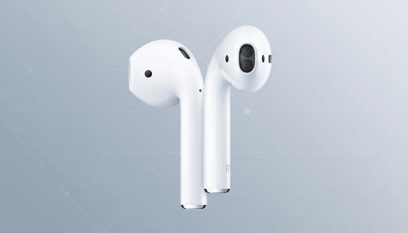 A pair of white Apple AirPods, with the right earbud slightly in front of the left, set against a professional light blue background with subtle geometric patterns.