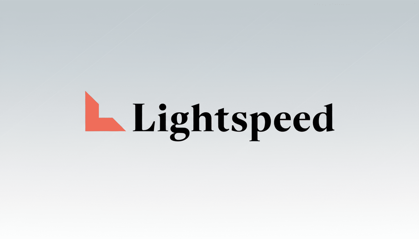 The Lightspeed logo, featuring a red geometric L shape to the left of the word Lightspeed in a black serif font, presented on a professional light gray gradient background.