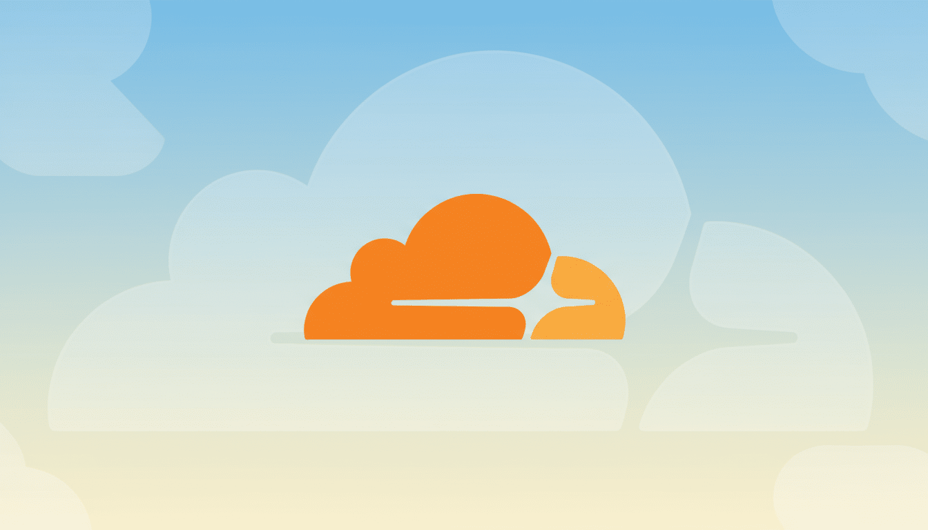 An orange cloud-shaped logo with a stylized lightning bolt on the right, set against a professional flat design background with soft blue and yellow gradients and subtle cloud patterns.