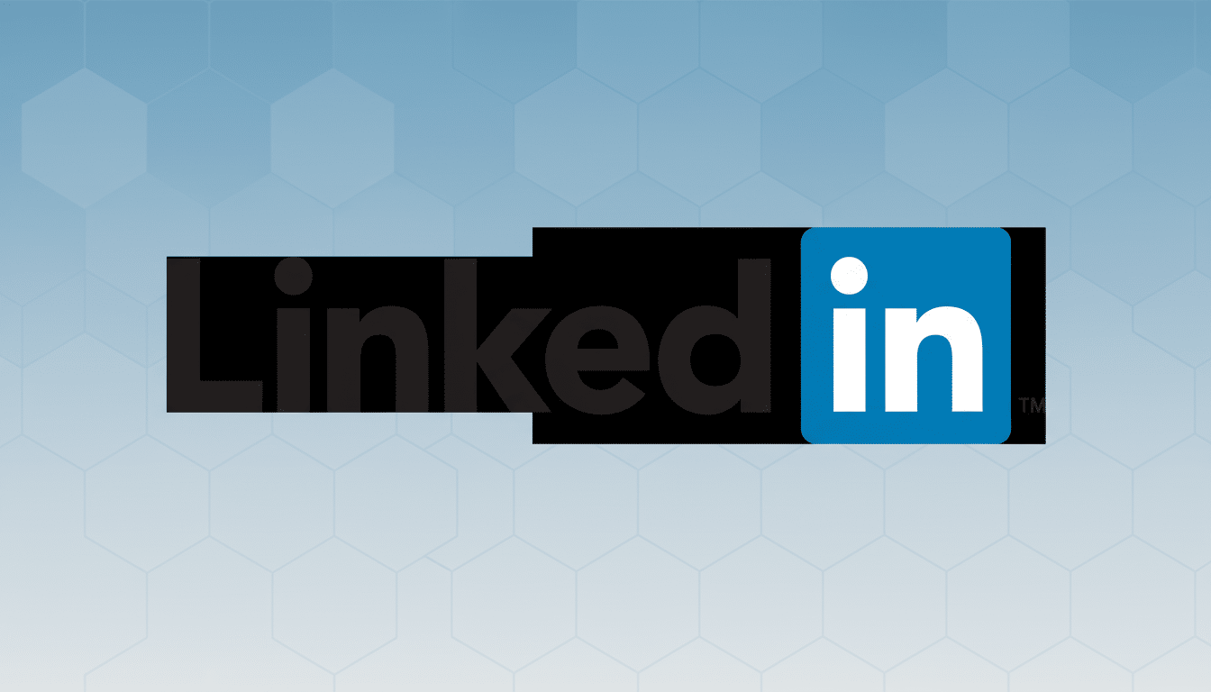 The LinkedIn logo, featuring the word Linked in black and in in white within a blue square, presented on a professional flat design background with soft blue hexagonal patterns.