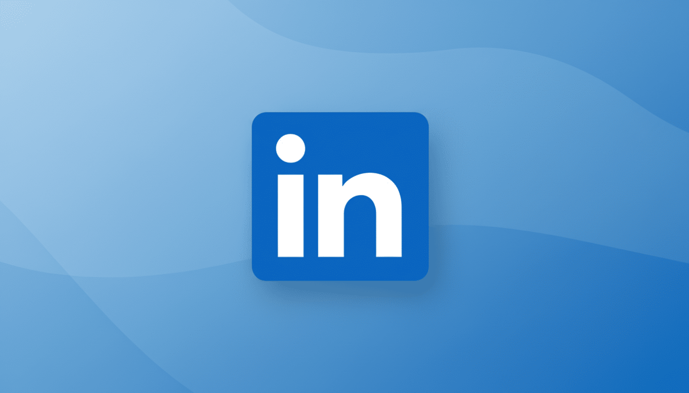 The LinkedIn logo, a white in on a blue square with rounded corners, centered on a professional blue gradient background with subtle wave patterns.