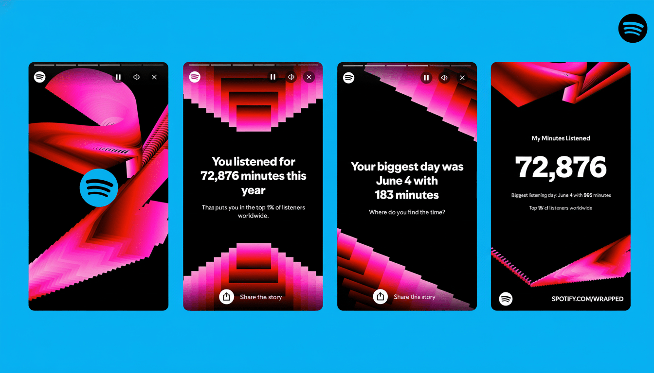 A 16:9 aspect ratio image showing four Spotify Wrapped screens on a blue background. The screens display listening statistics, including total minutes listened, biggest listening day, and a My Minutes Listened summary.