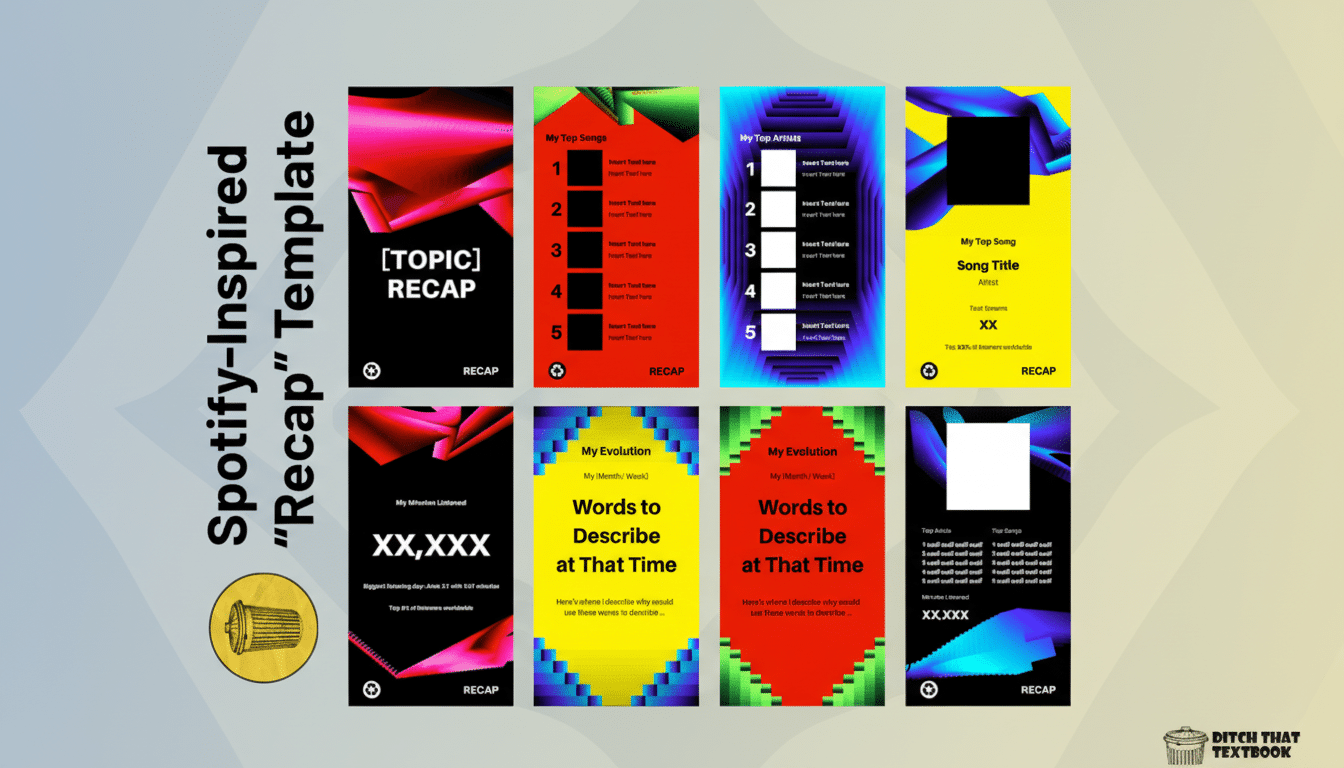 A 16:9 aspect ratio image featuring a collection of eight Spotify-inspired Recap templates, each with distinct designs and placeholders for text and images, presented against a professional flat design background with soft patterns and gradients.