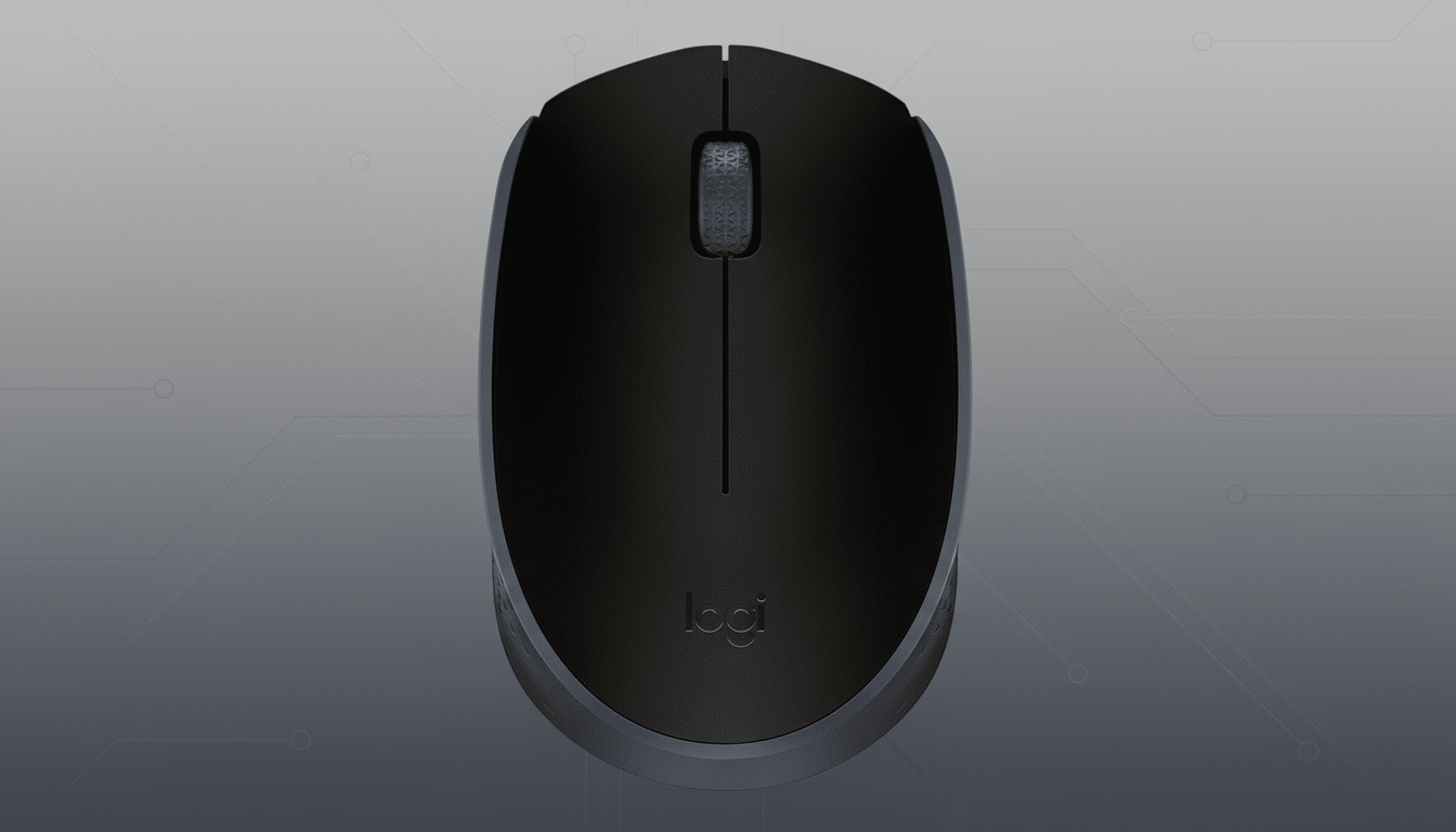 A black Logitech computer mouse centered on a professional gray background with subtle circuit board patterns.